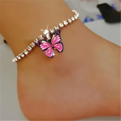 Fashion Butterfly Pendant Decorated Full Rhinestone Women's Copper Anklets