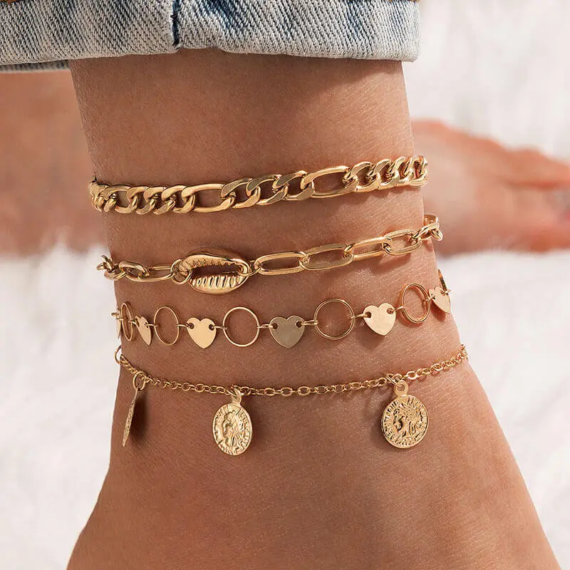 4pcs/set Women Fashion Geometry Design Anklet Set Alloy Unisex