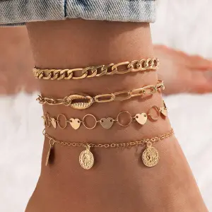4pcs/set Women Fashion Geometry Design Anklet Set Alloy Unisex