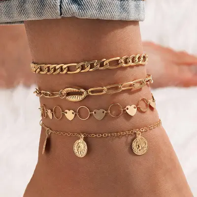4pcs/set Women Fashion Geometry Design Anklet Set Alloy Unisex