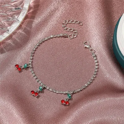Women Fashion Cherry Pendant Shining Rhinestone Decorative Anklet