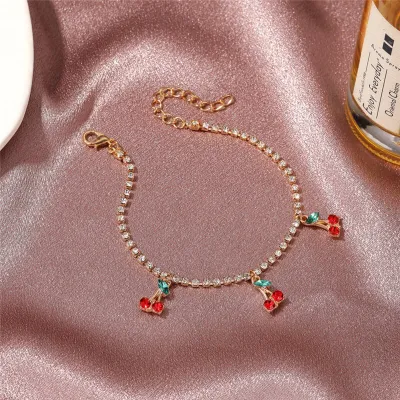 Women Fashion Cherry Pendant Shining Rhinestone Decorative Anklet