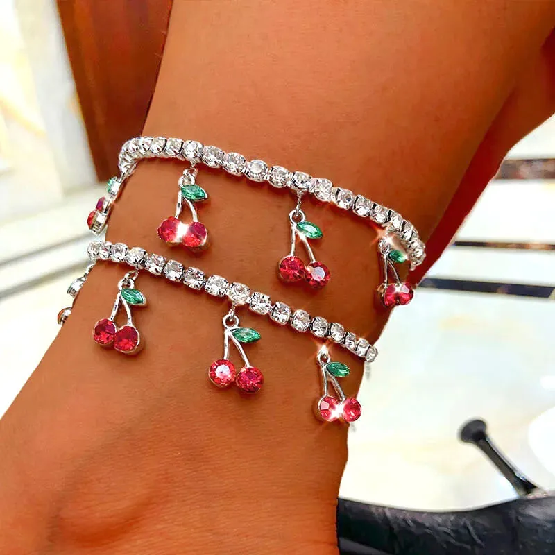 Women Fashion Cherry Pendant Shining Rhinestone Decorative Anklet