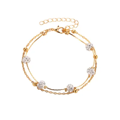 Women Fashion Rhinestone Decorate Geometric Two Layer Anklets