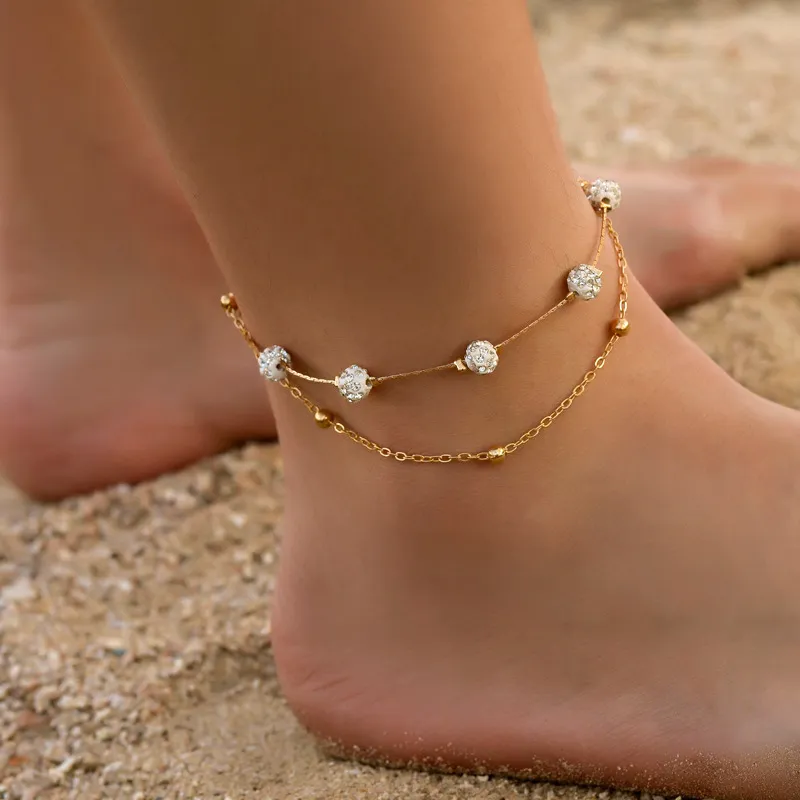 Women Fashion Rhinestone Decorate Geometric Two Layer Anklets
