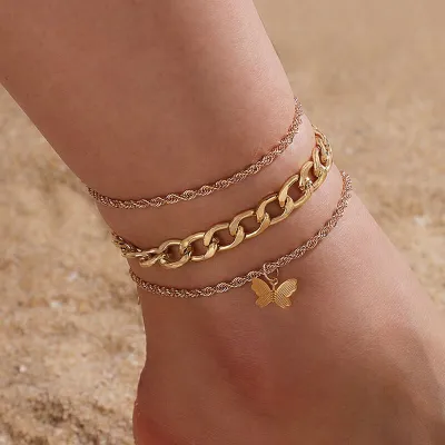 3pcs/set Women Butterfly Pendants Decorate Anklet Set