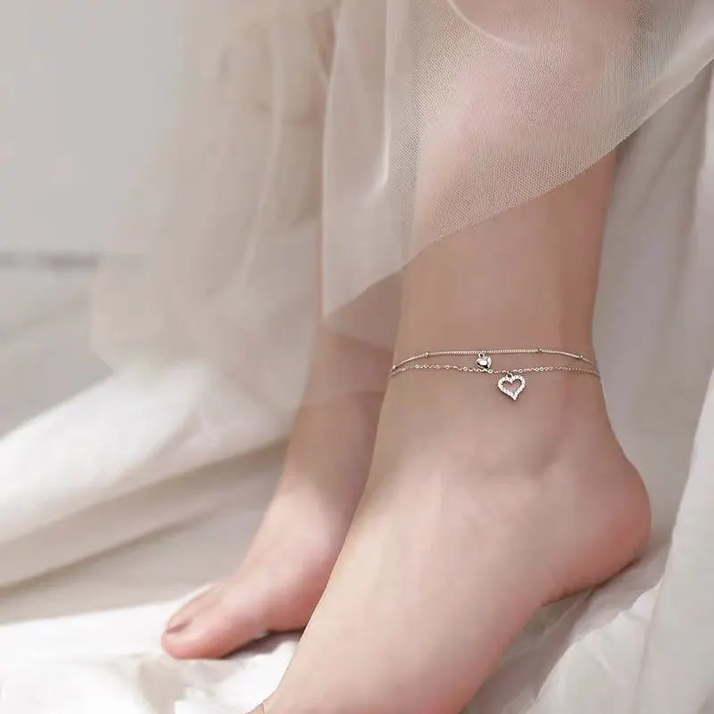 Fashion Heart Shape Double Layer Zircon Anklet for Women