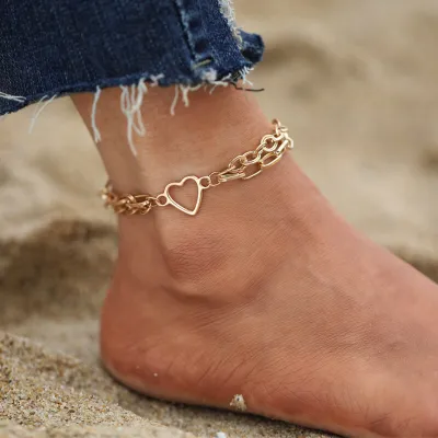 Women Fashion Heart Shape Double Layer Anklet