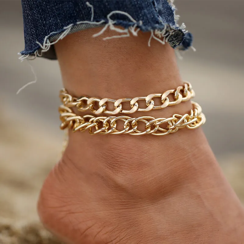 Women Minimalist Thick Chain Geometric Anklet Set