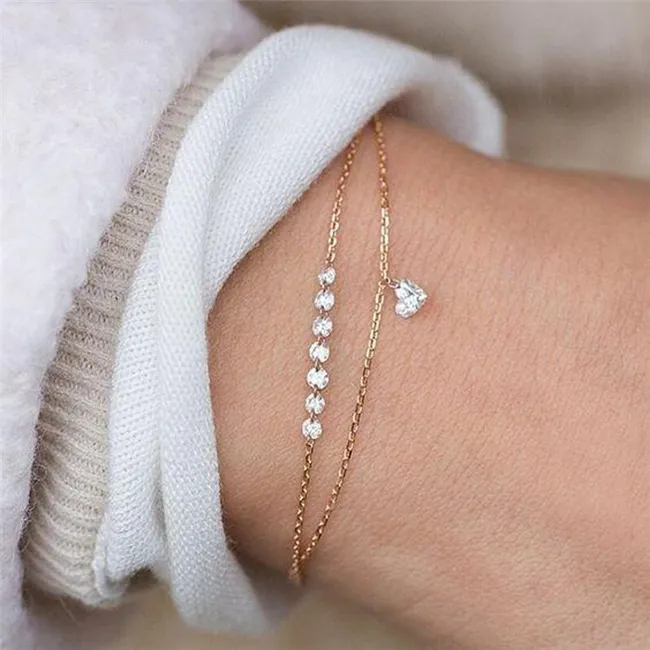 Fashion Double Layer Heart-Shaped Crystal Bracelet with Zircon
