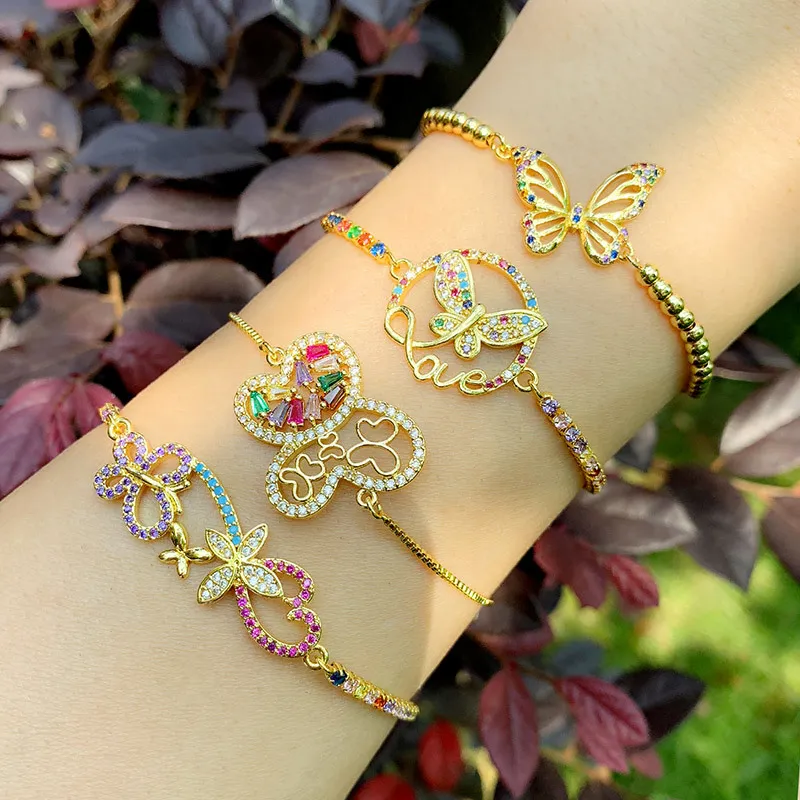 Creative Colorful Butterfly Inlaid Rhinestone Copper Bracelet for Women