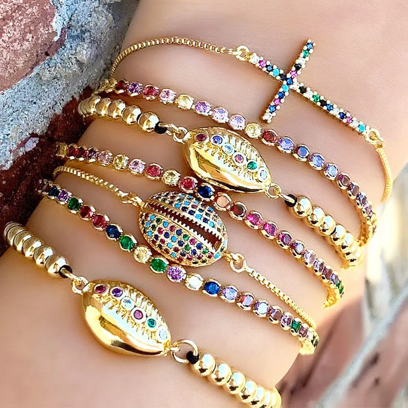 Ocean Shell Cross Design Rhinestone Decor Bracelet
