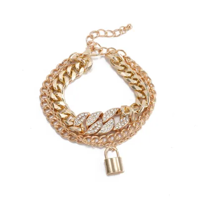 Women's Fashion Three-layer Lock Pendant Rhinestone Decor Alloy Bracelet