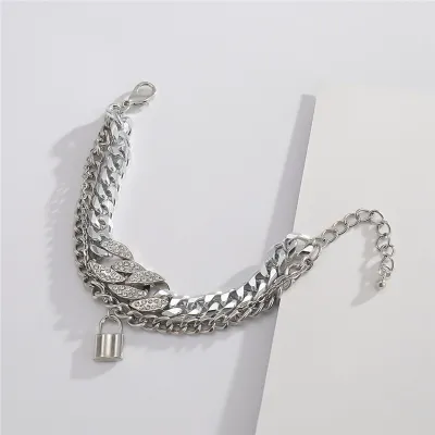 Women's Fashion Three-layer Lock Pendant Rhinestone Decor Alloy Bracelet