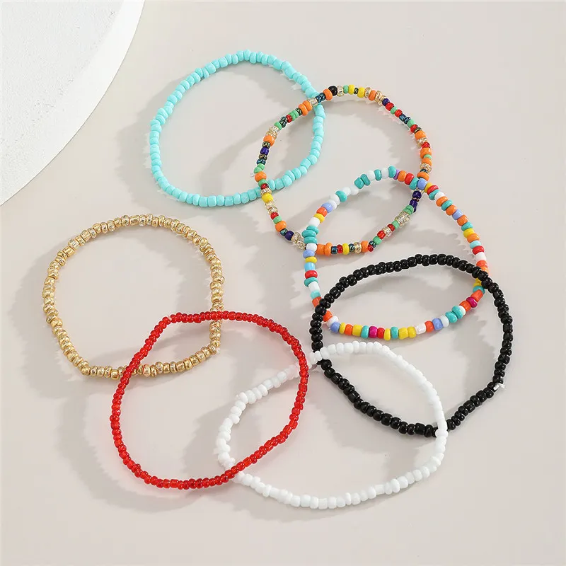 7pcs/set Boho Colorful Beads Chain Elastic Bracelets Set