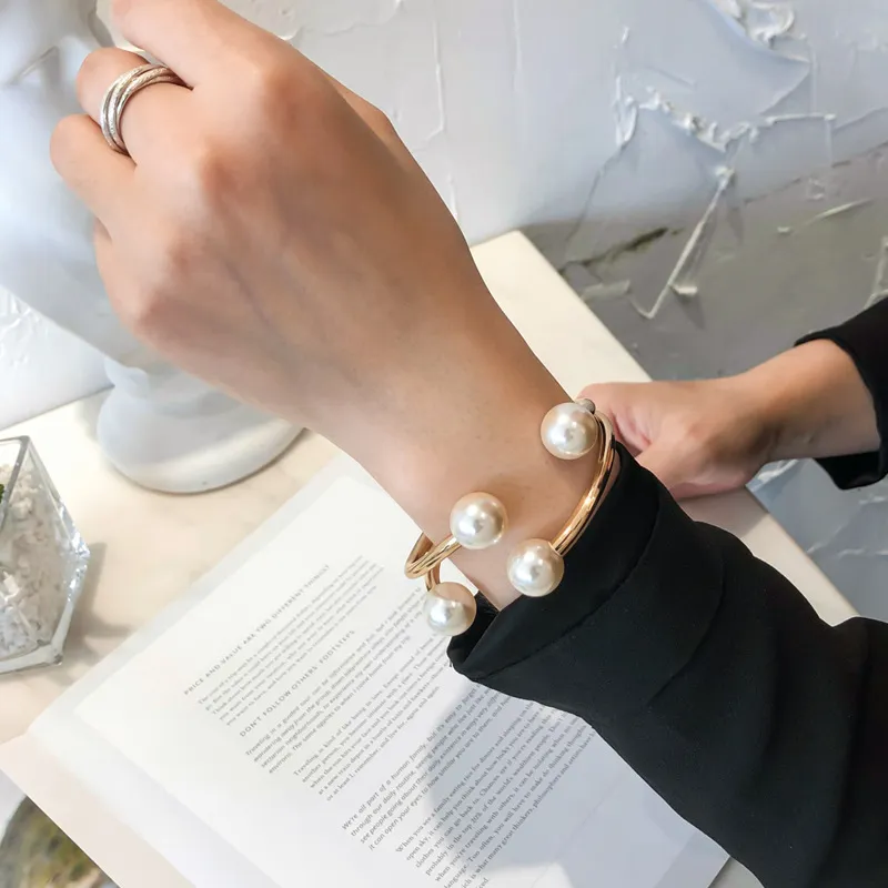 Fashion Double Layer Asymmetric Opening Imitation Pearl Decor Bangle