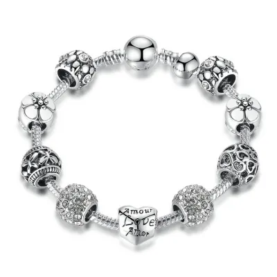 19cm Shiny Rhinestone Decor Heart-Shaped Beaded Charm Bracelet