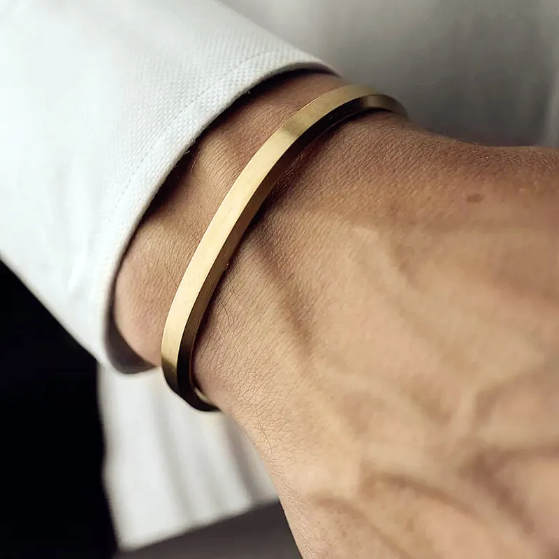 Adjustable Men C Shape Solid Color Stainless Steel Bangle Bracelet