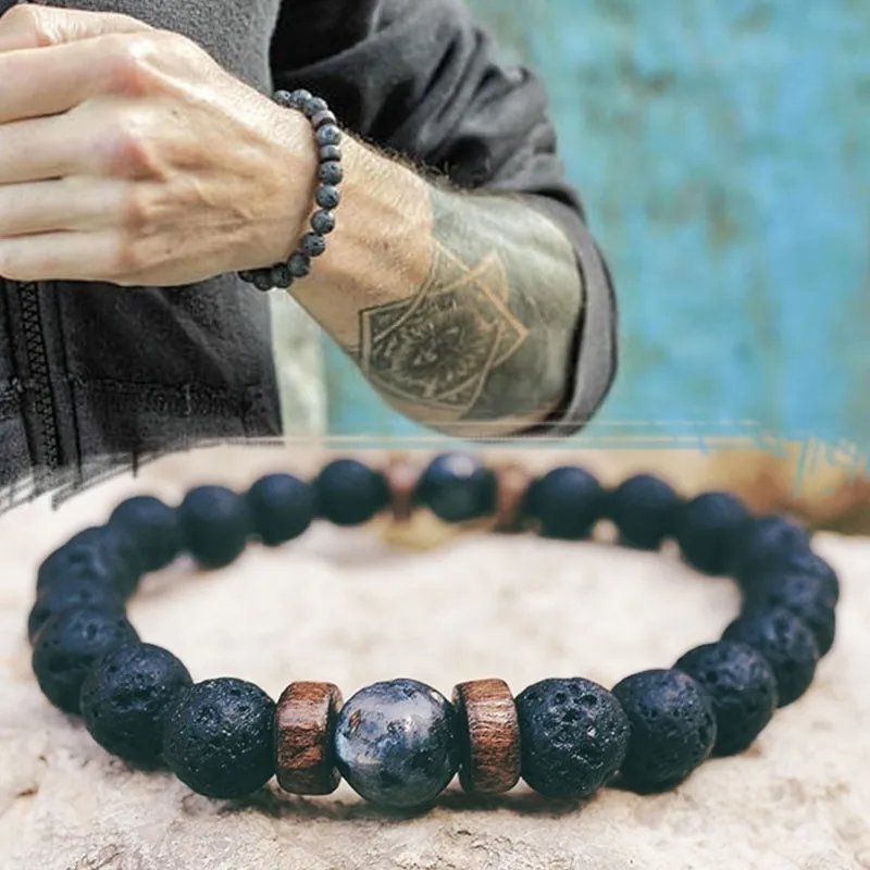 Fashion Men's Volcanic Stone Lapis Lazuli Crystal Vintage Geometric Beaded Bracelet