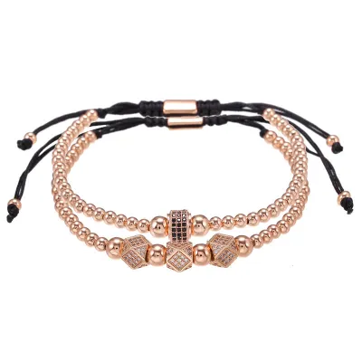 Men Zircon Inlaid Hand Woven Adjustable Bracelets Set