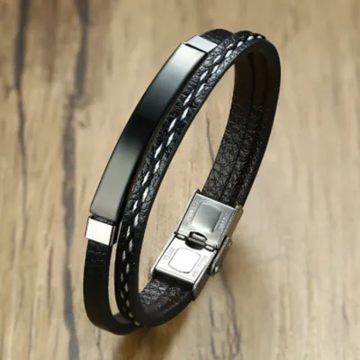 Simple Stainless Steel Pu Leather Braided Geometric Bracelet