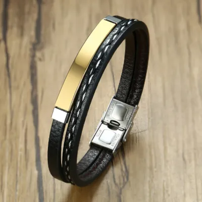 Simple Stainless Steel Pu Leather Braided Geometric Bracelet