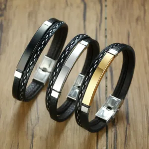 Simple Stainless Steel Pu Leather Braided Geometric Bracelet