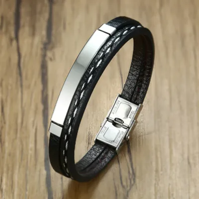 Simple Stainless Steel Pu Leather Braided Geometric Bracelet