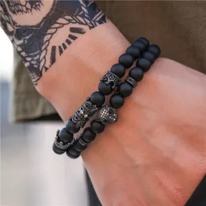 Copper Inlaid Zircon Leopard Head Decor Geometric Strand Bracelet Set Unisex Simple