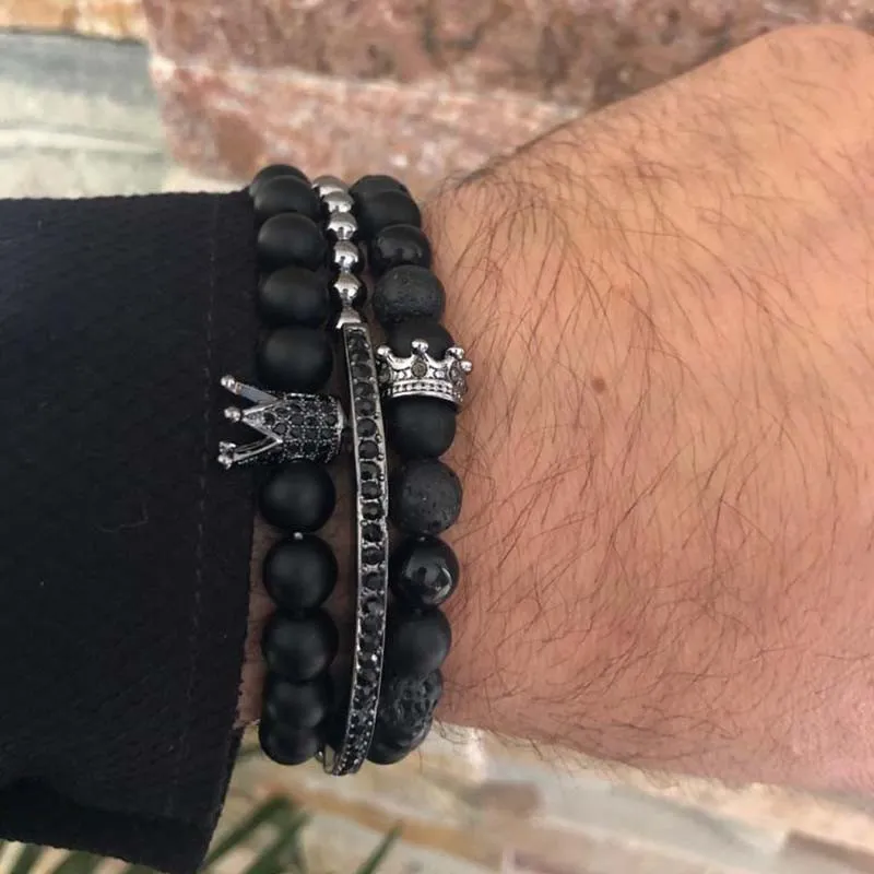 Men's Fashion Crown Decor Black Strand Bracelets Set