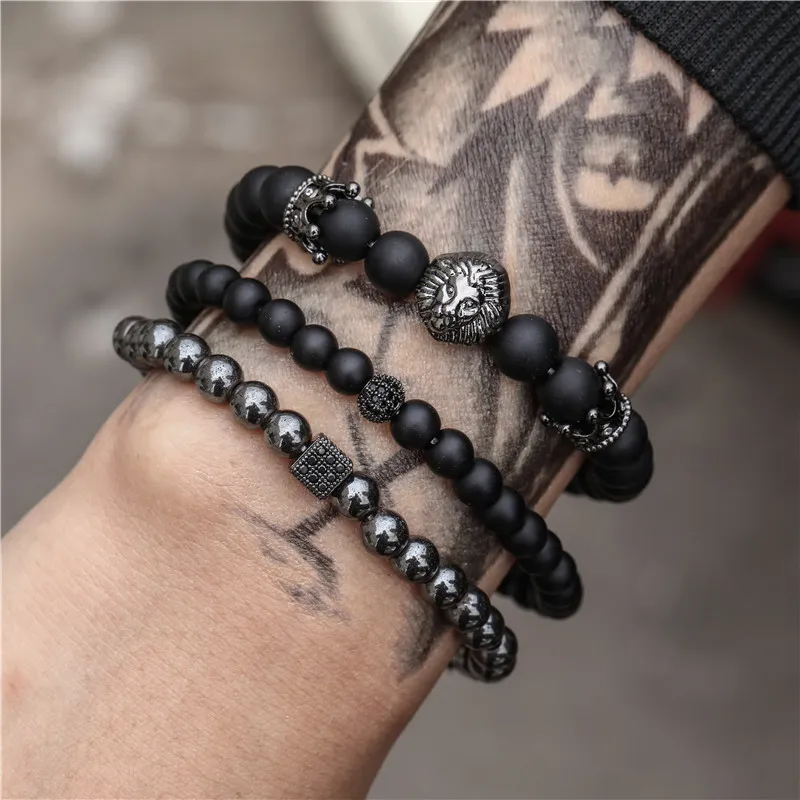 Fashion Crown Lion Decor Black Frosted Crystal Beads Bracelet Set Unisex