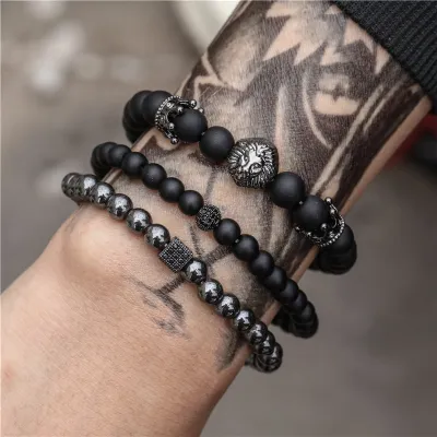 Fashion Crown Lion Decor Black Frosted Crystal Beads Bracelet Set Unisex