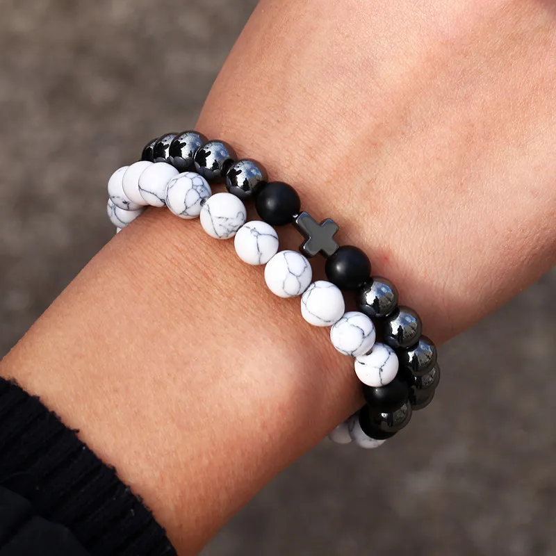 White And Black Cross Decor Crystal Elastic Bracelets Set Unisex Round