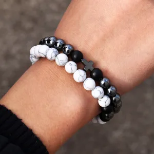 White And Black Cross Decor Crystal Elastic Bracelets Set Unisex Round