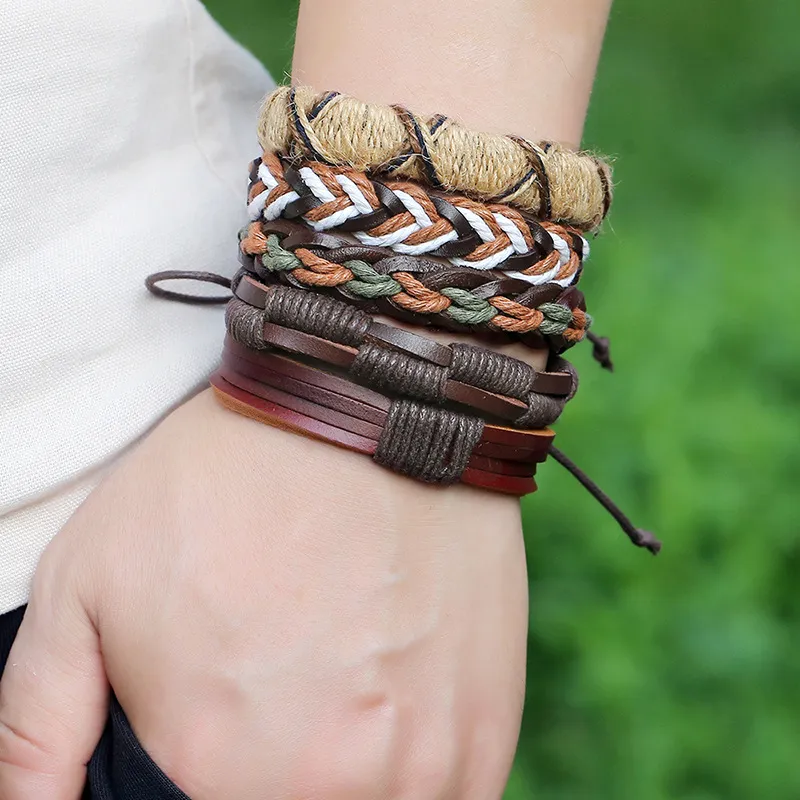 5 Pcs/Set Vintage Weave Pu Leather Bracelets Set