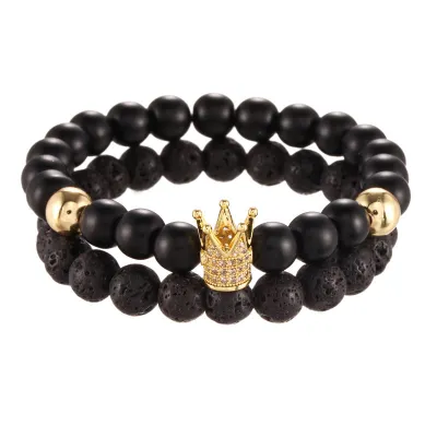 Black Frosted Stone And Micro-Inlaid Zircon Crown Bracelets Set