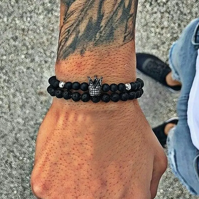 Black Frosted Stone And Micro-Inlaid Zircon Crown Bracelets Set