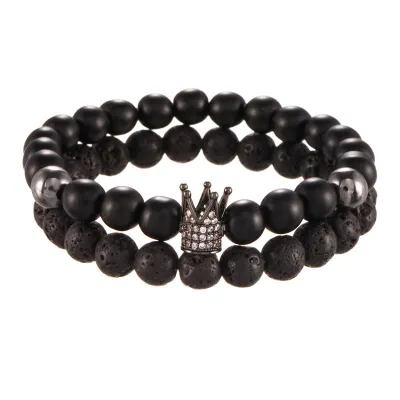 Black Frosted Stone And Micro-Inlaid Zircon Crown Bracelets Set