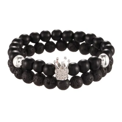 Black Frosted Stone And Micro-Inlaid Zircon Crown Bracelets Set