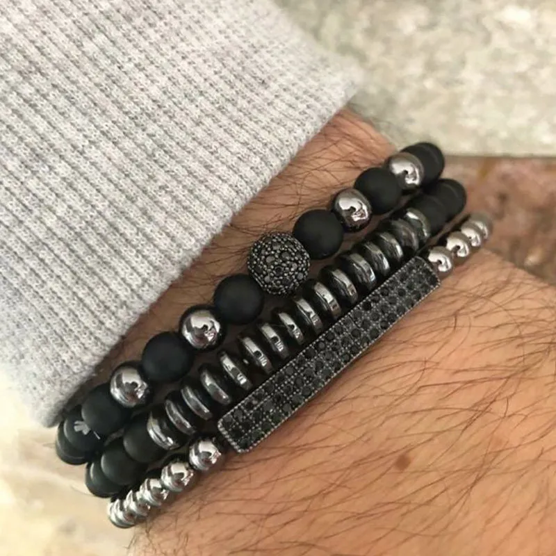 3 Pcs Black Frosted Copper Inlaid Zircon Bracelets Set