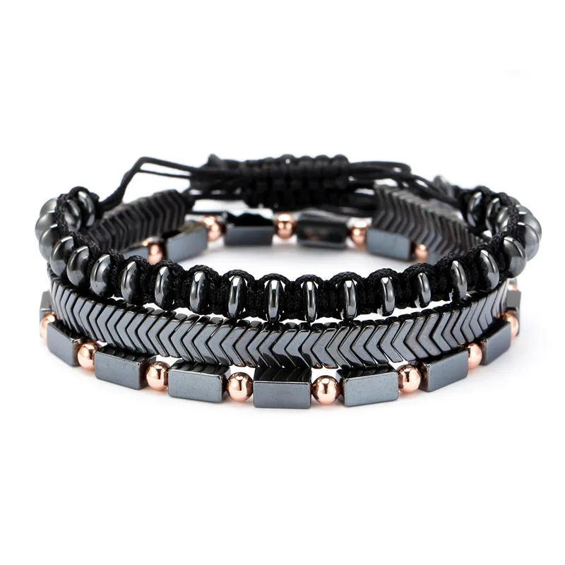3 Pcs/Set Black Iron Stone Braided Adjustable Simple Unisex Alloy Geometric Bracelets Set