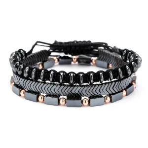 3 Pcs/Set Black Iron Stone Braided Adjustable Simple Unisex Alloy Geometric Bracelets Set