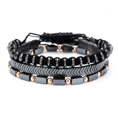 3 Pcs/Set Black Iron Stone Braided Adjustable Simple Unisex Alloy Geometric Bracelets Set