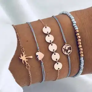 5pcs Set Women Unique Design Alloy Wax Rope Bracelet Set