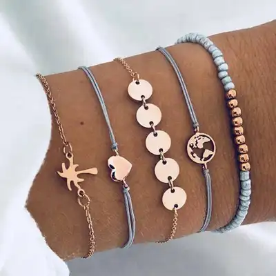 5pcs Set Women Unique Design Alloy Wax Rope Bracelet Set