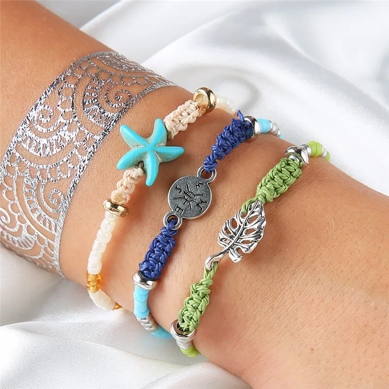 3pcs/set Fresh Style Starfish And Leaves Pattern Decoration Woven Bracelet For Women