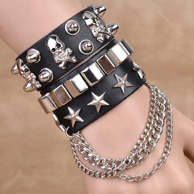 Men Punk Style Skull Rivet Decorative Bracelet Set
