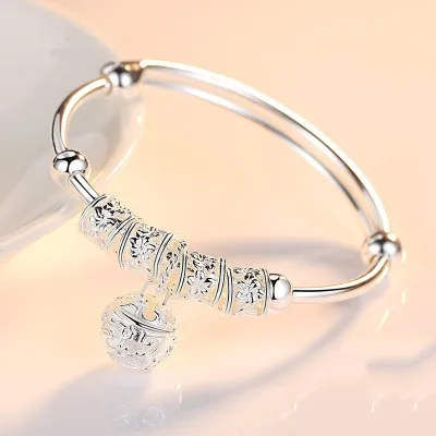 Women'S Adjustable Size Round Ball Charm Bangle Ethnic Silver Geometric Bracelet