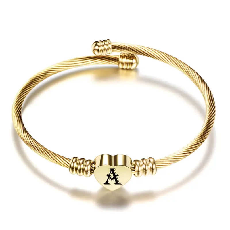 Women Minimalist 26 Alphabet Letter Heart Shape Stainless Steel Bangle