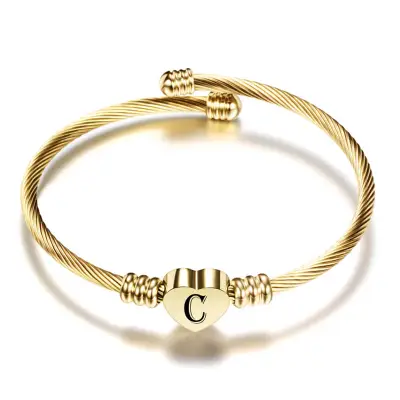 Women Minimalist 26 Alphabet Letter Heart Shape Stainless Steel Bangle